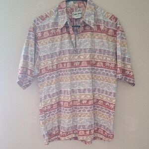 Red and Brown Casual Button Down Shirt with Geometric Patterns